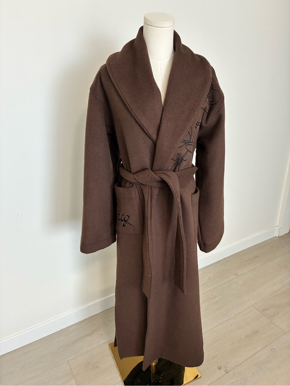Honor The Gift Chocolate Brown Shawl-Collar Belted Wool Blend Robe Coat